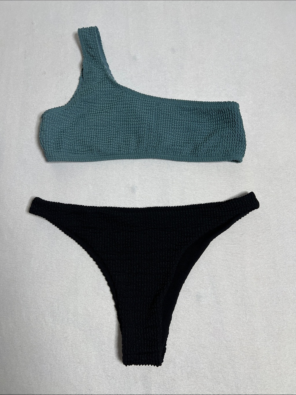Source Unknown One-Shoulder Teal and Black Bikini Set